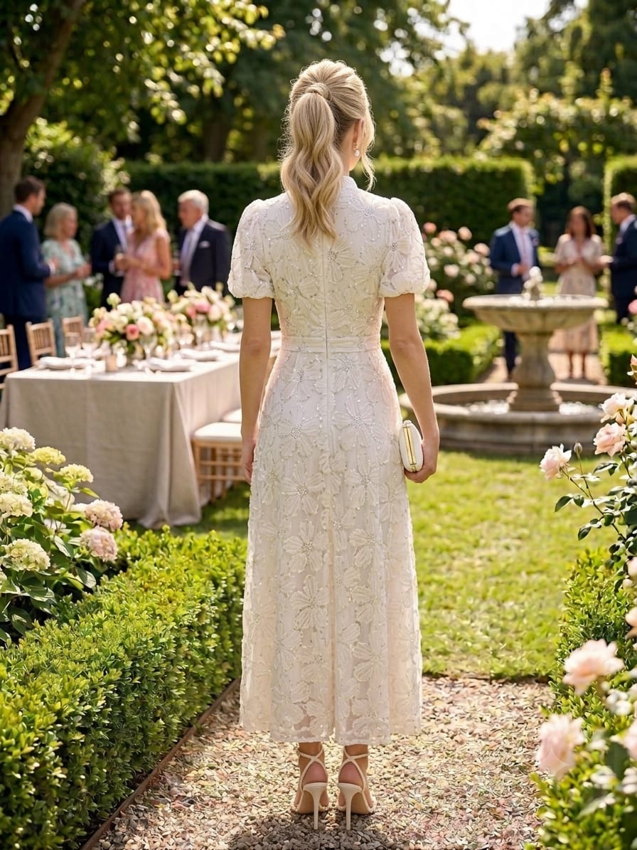 Vestido beige flores grabadas