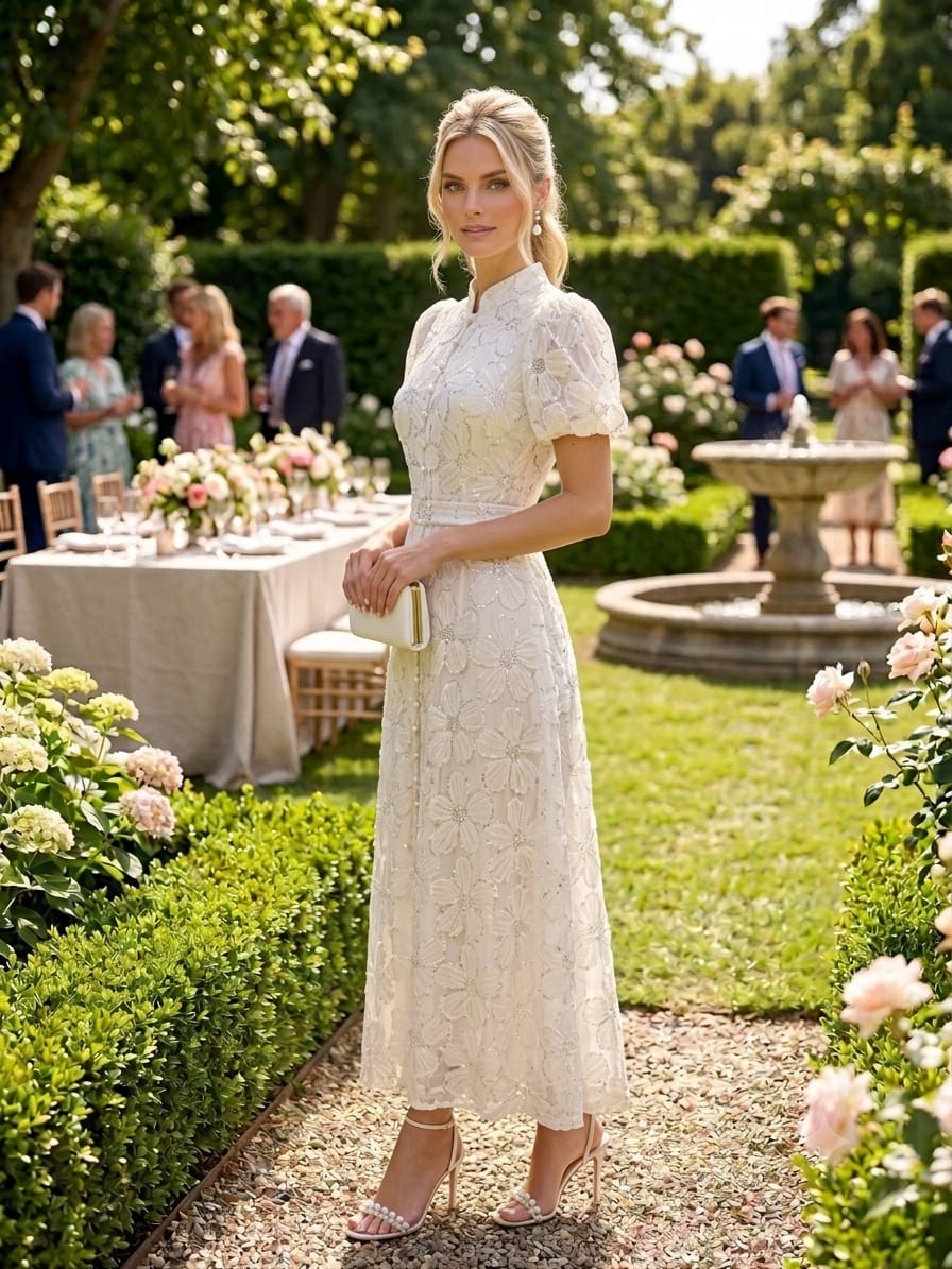 Vestido beige flores grabadas