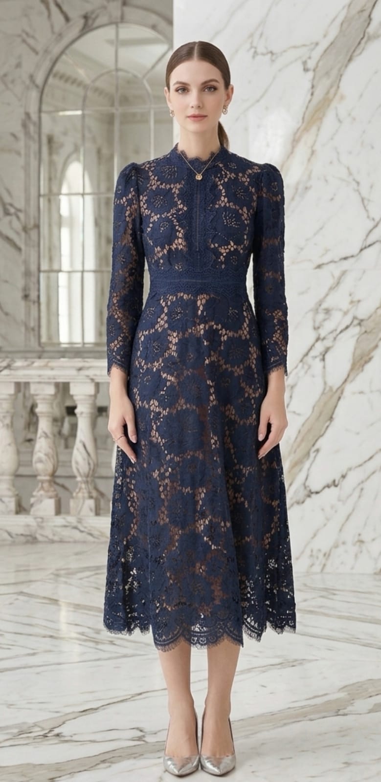 Vestido azul marino midi manga larga