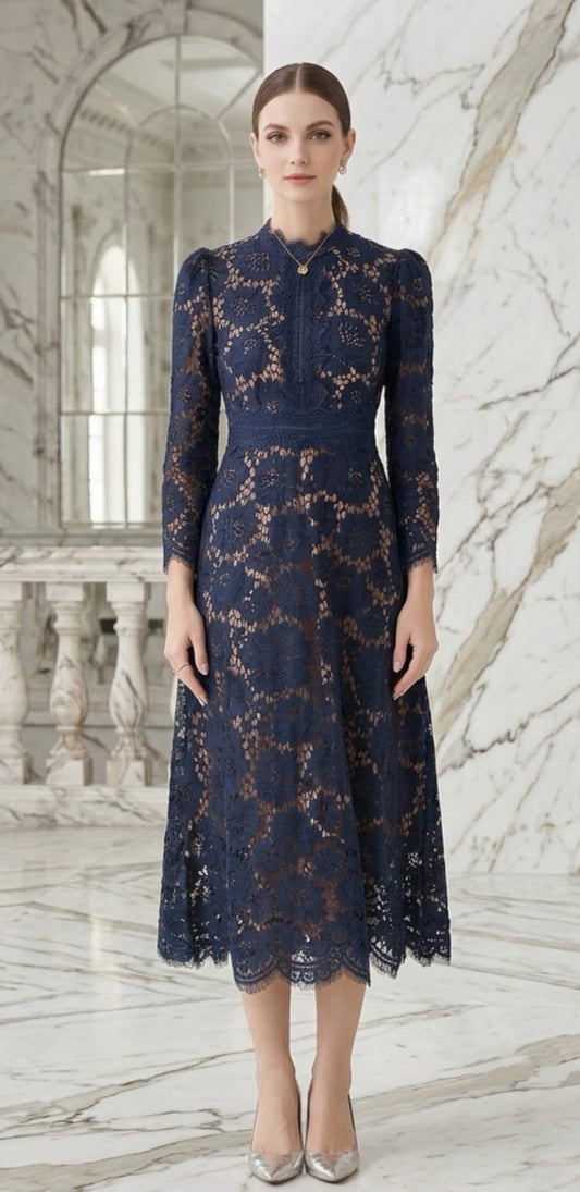Vestido azul marino midi manga larga