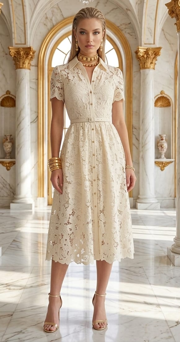 Vestido gipiur midi, manga corta, cinturón rosa, azul claro y crema