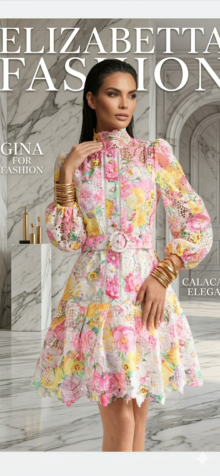 Vestido gipiur corto manga larga blanco rosa amarillo
