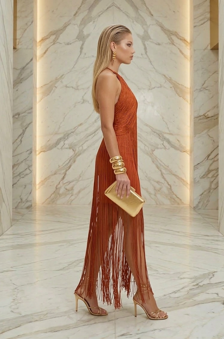 Vestido halter flecos