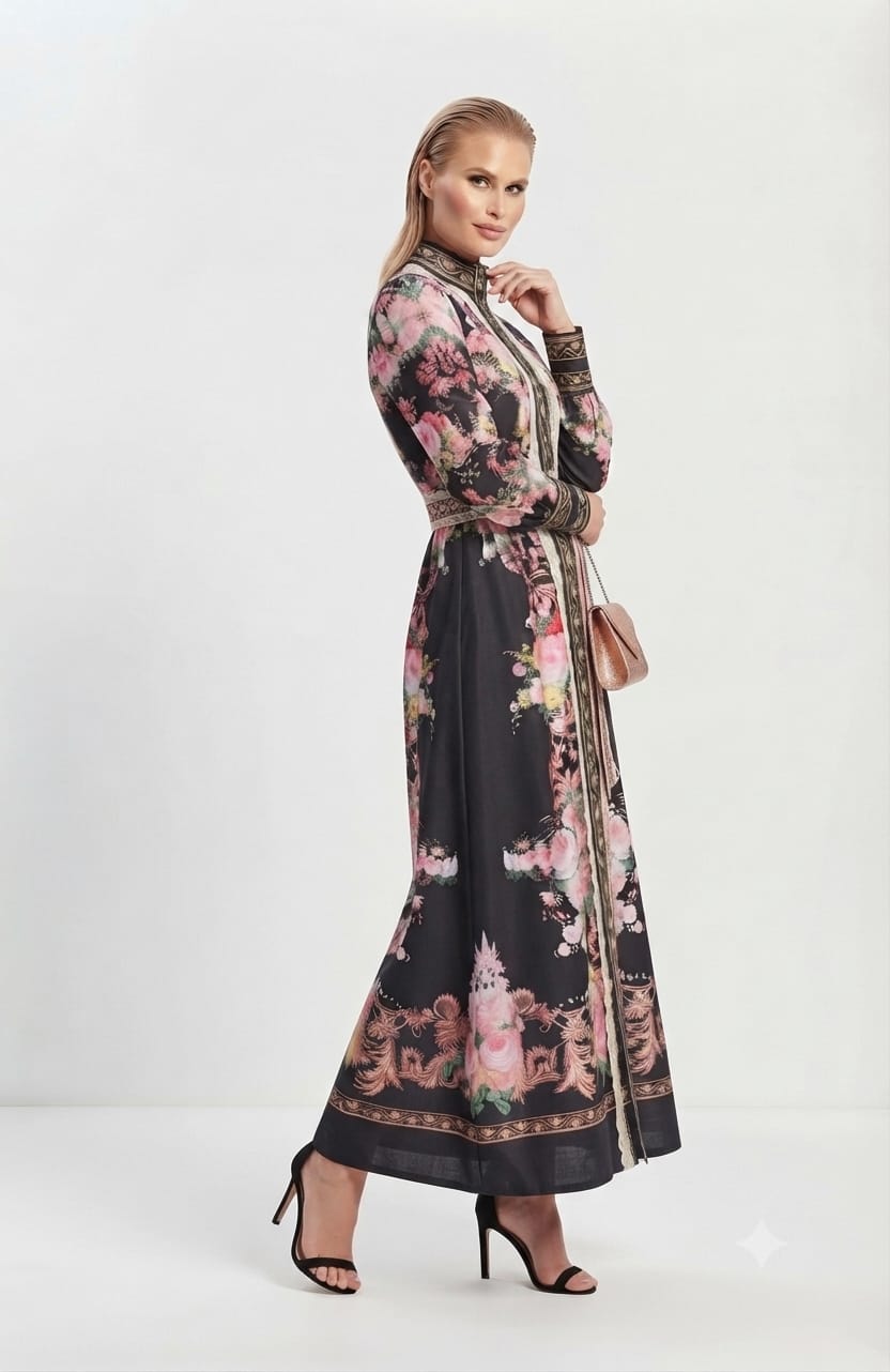 Vestido negro midi estampado flores rosas
