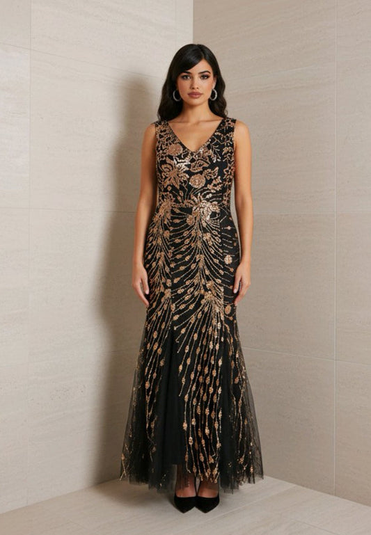 Vestido de sirena de malla con lentejuelas de vid floral en bronce