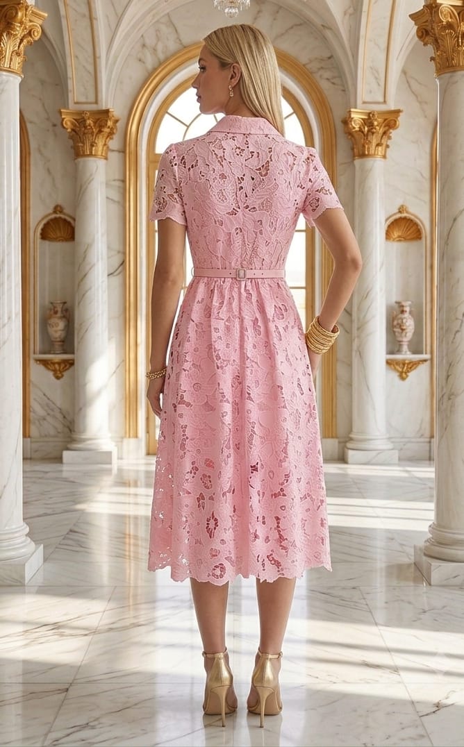Vestido gipiur midi, manga corta, cinturón rosa, azul claro y crema