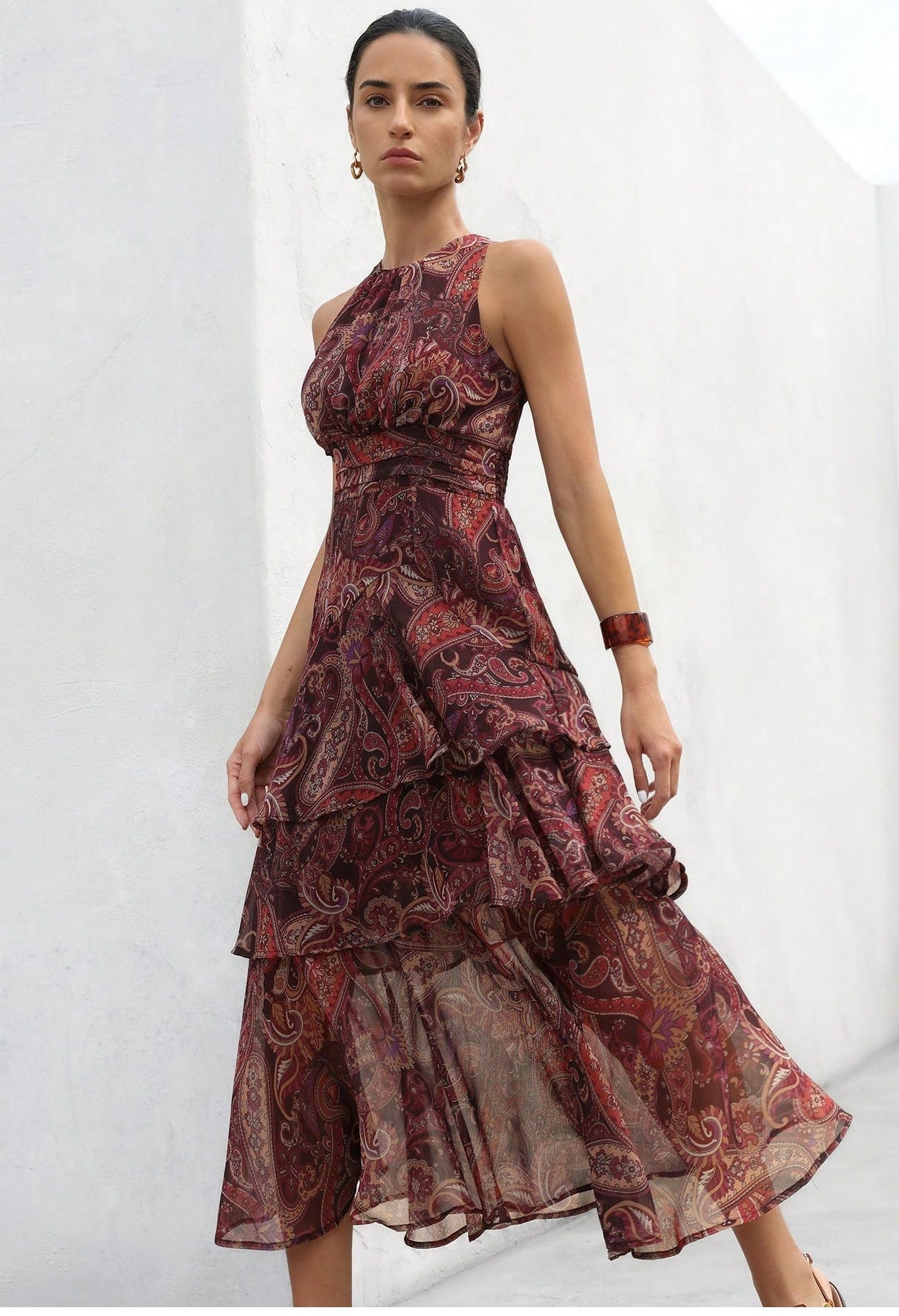 Vestido boho cafe estampado sin mangas