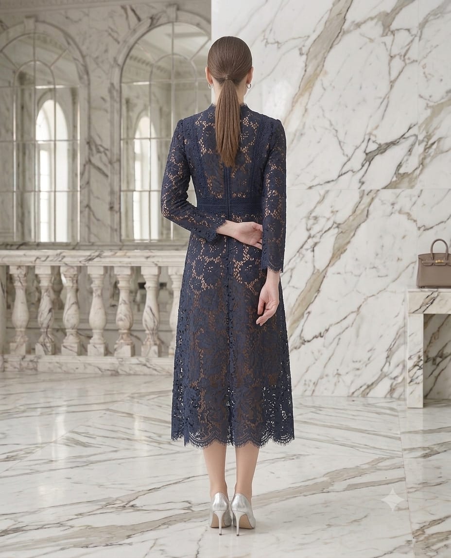 Vestido azul marino midi manga larga