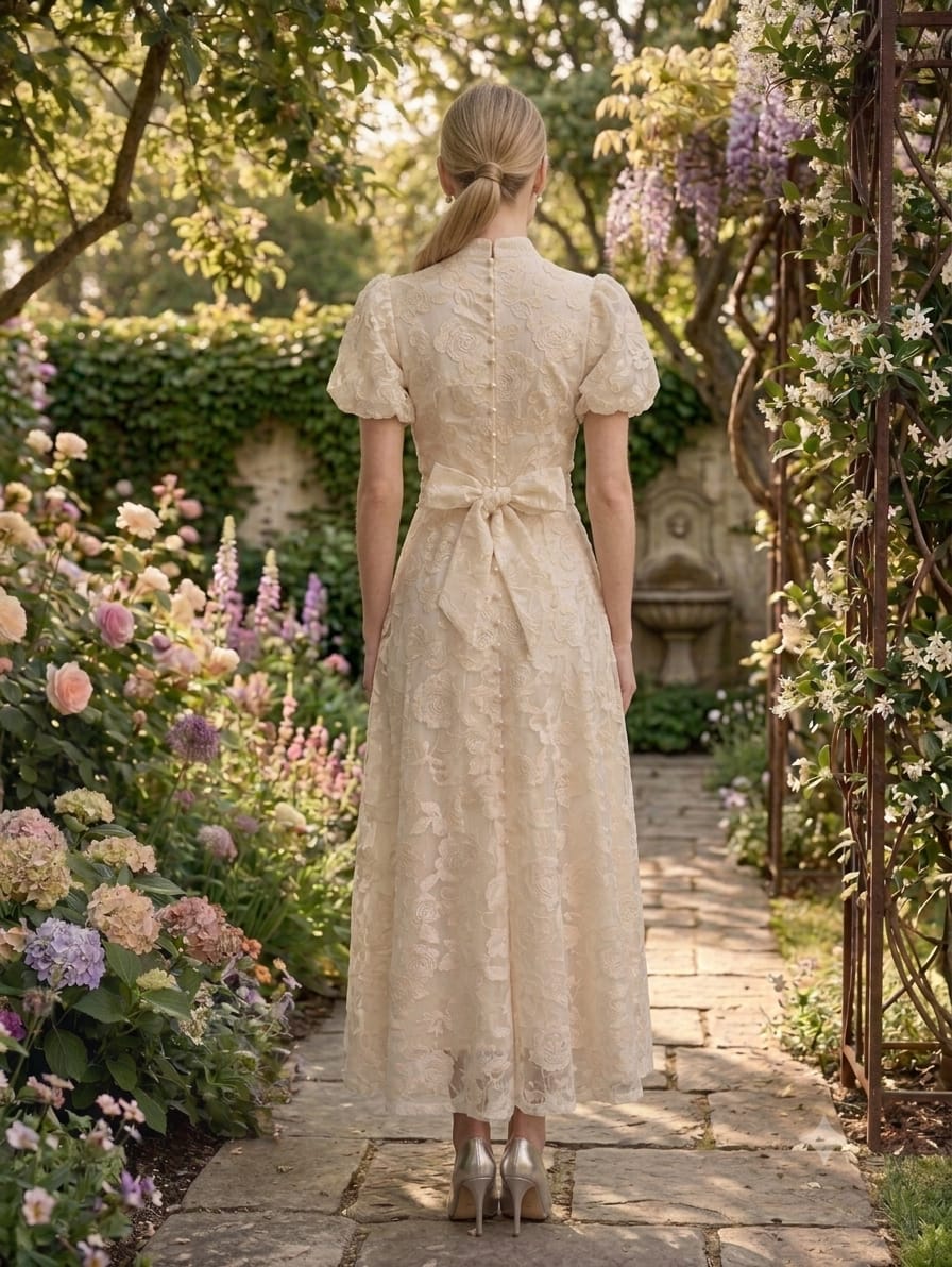 Vestido beige flores grabadas