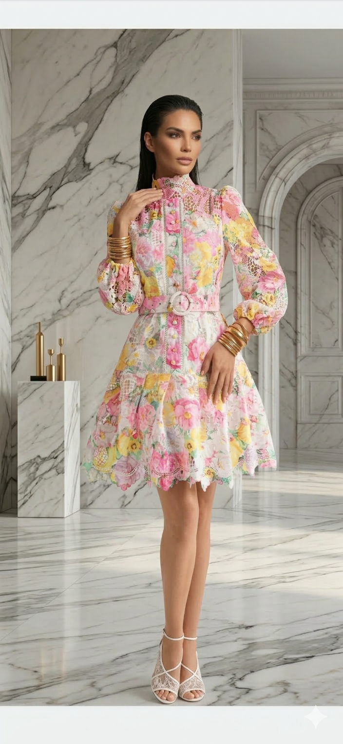Vestido gipiur corto manga larga blanco rosa amarillo