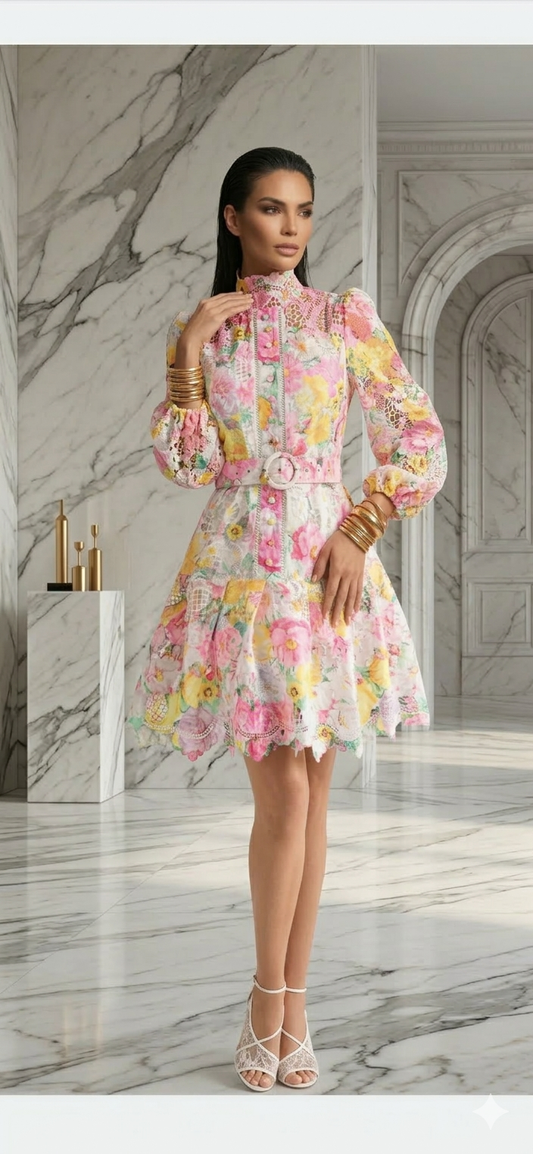 Vestido gipiur corto manga larga blanco rosa amarillo