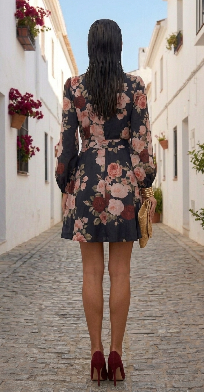 Vestido negro con flores rosas y rojas
