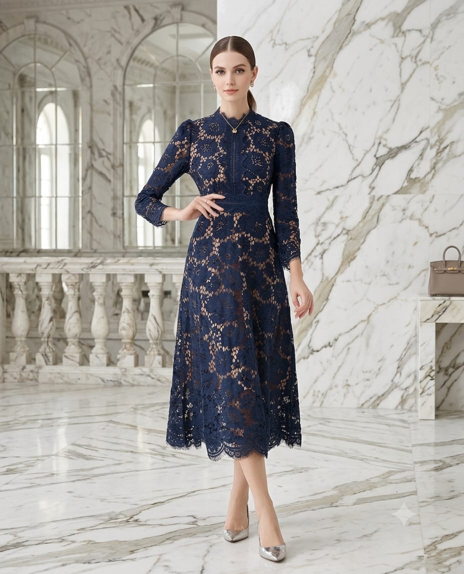 Vestido azul marino midi manga larga