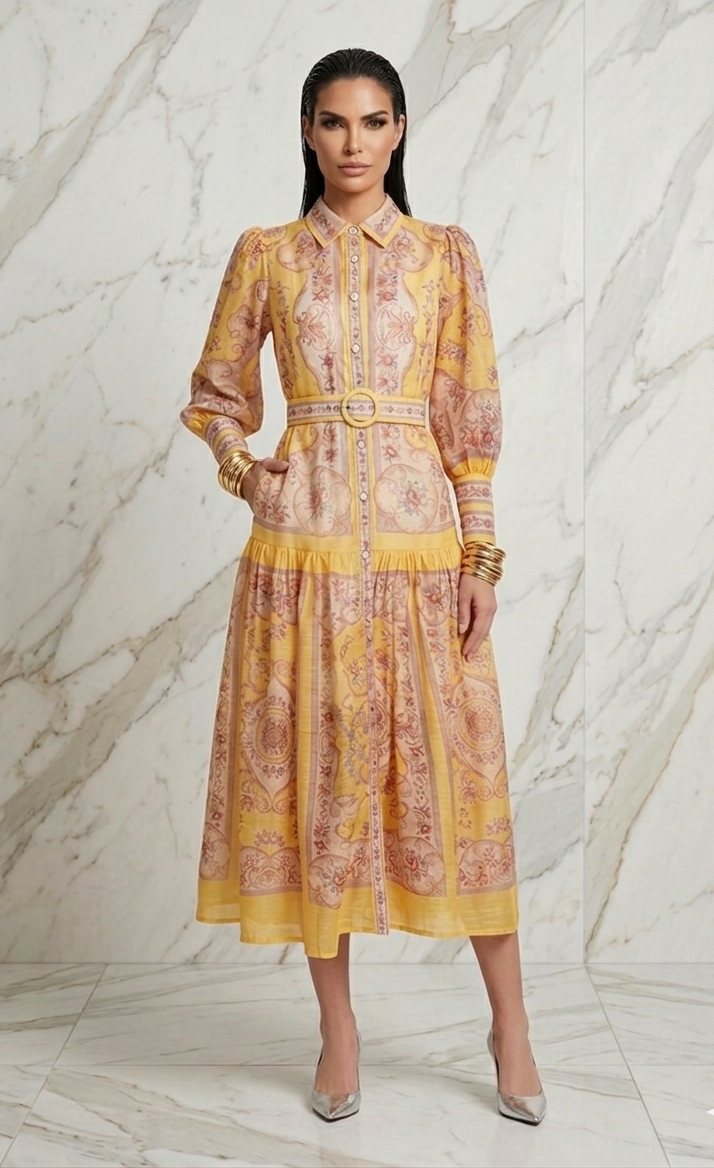 Vestido amarillo estampado midi