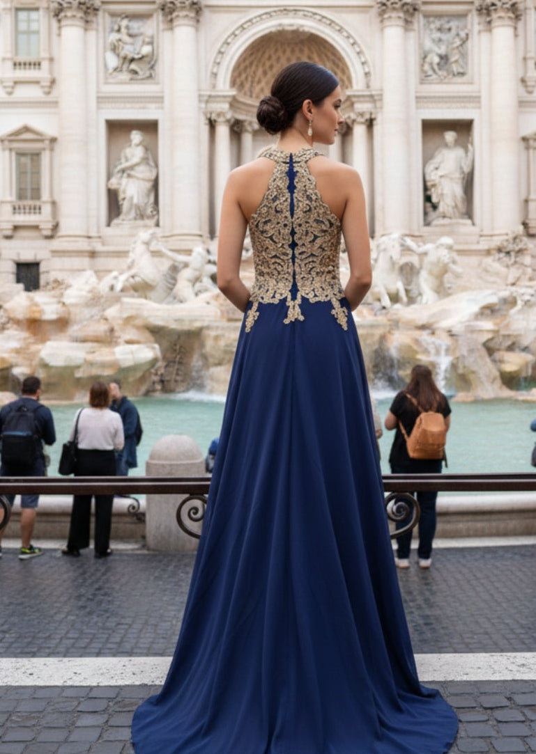 Vestido luxury azul marino con pedreria