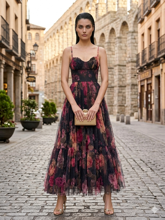 Vestido cocktail tirantes plisado estampado