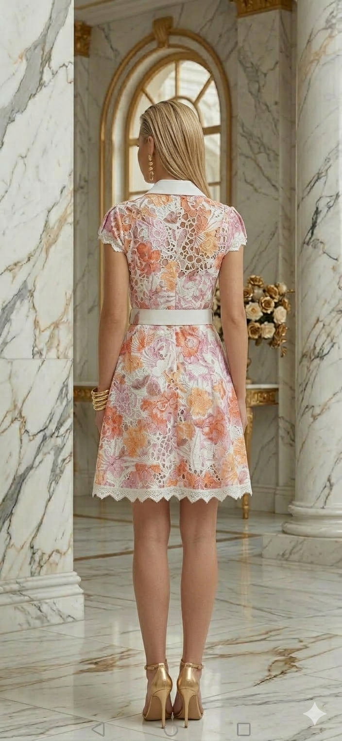 Vestido blanco con rosa y anaranjado corto