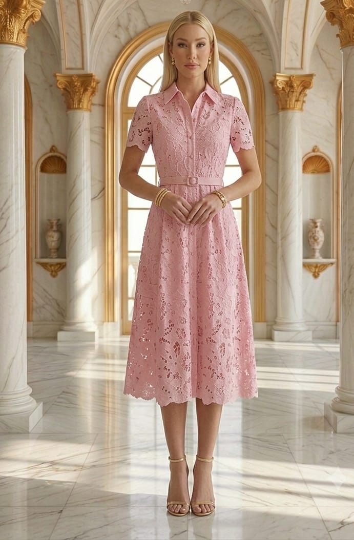 Vestido gipiur midi, manga corta, cinturón rosa, azul claro y crema