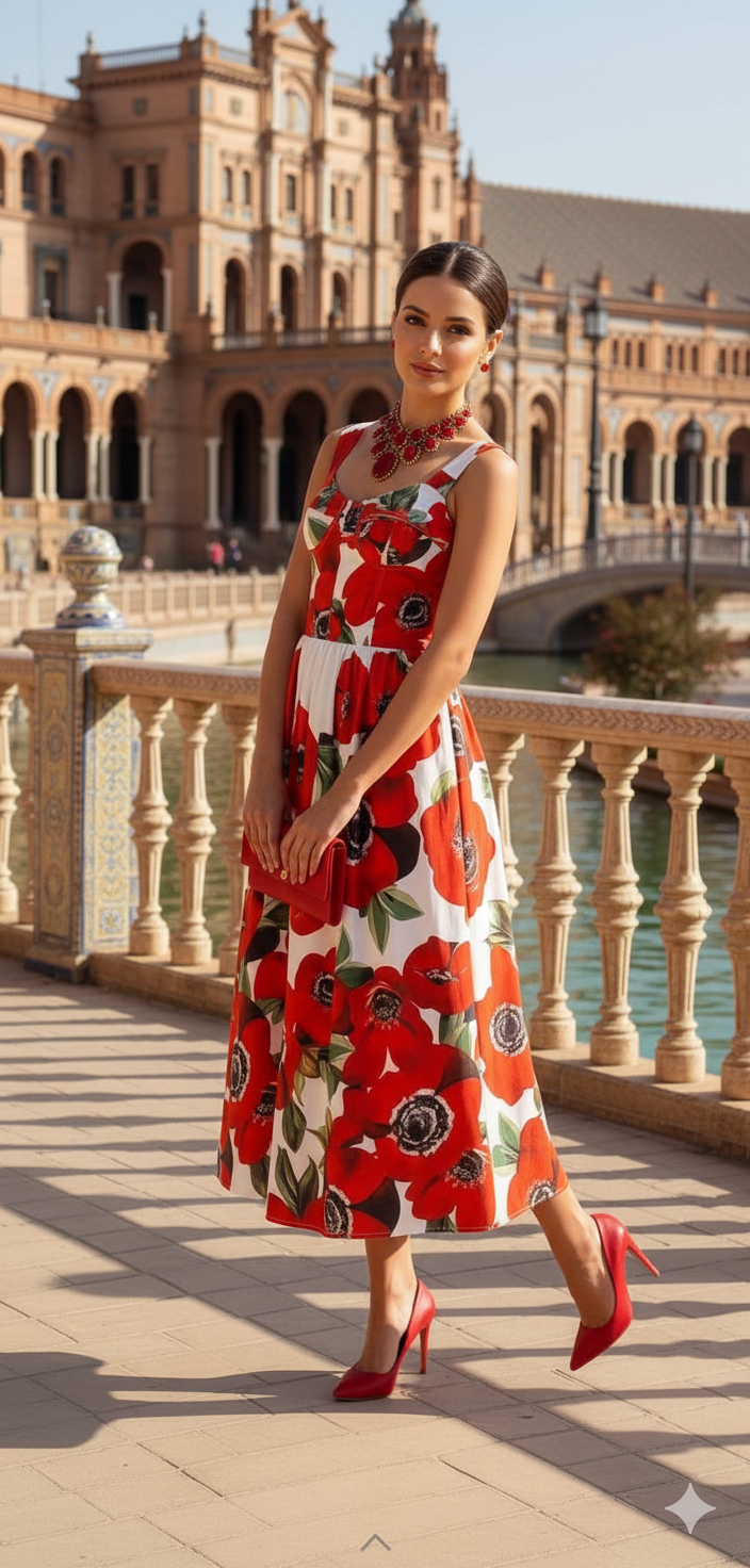 Vestido flores rojas con blanco