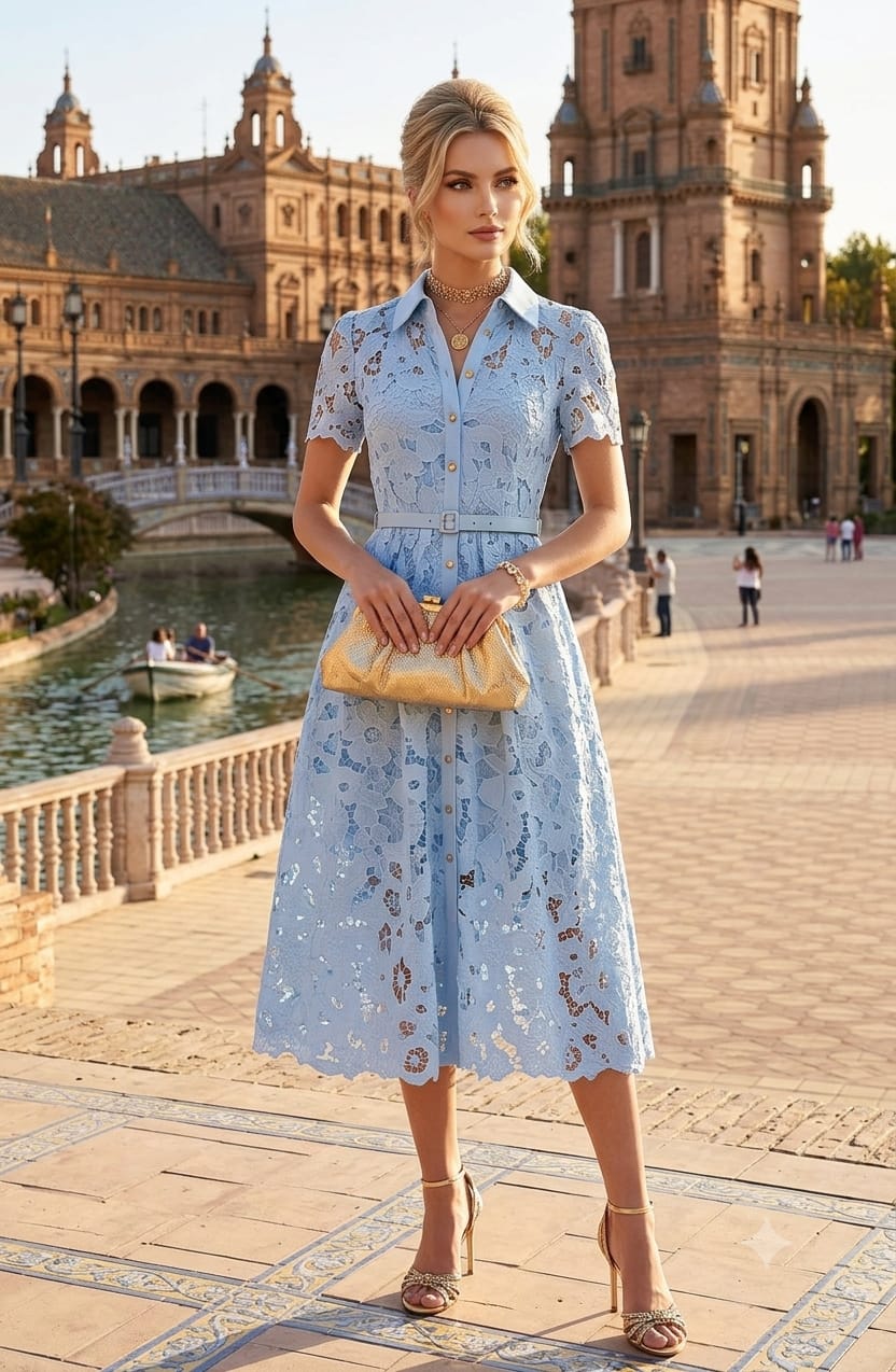 Vestido gipiur midi, manga corta, cinturón rosa, azul claro y crema