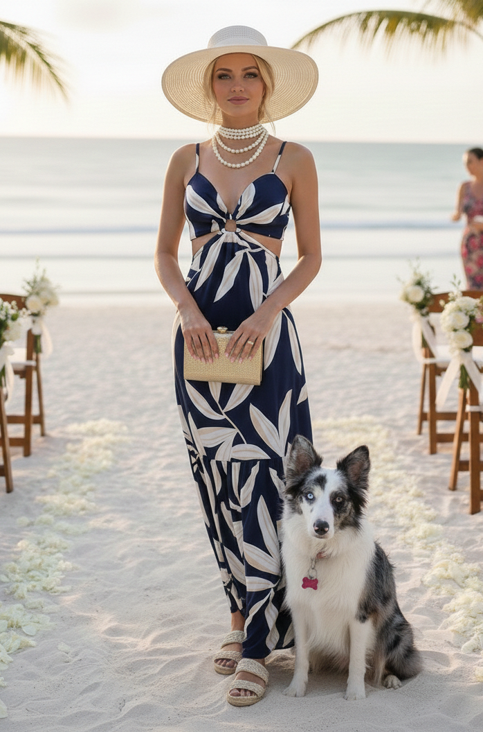 Vestido tirantes azul marino floral blanco