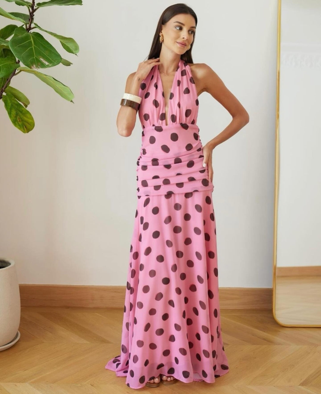 Vestido lunares rosa halter