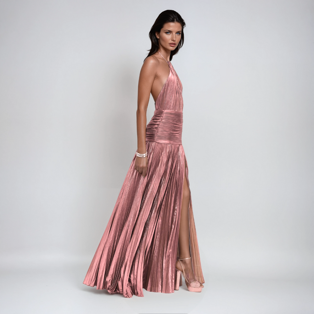 Vestido palo de rosa metalico