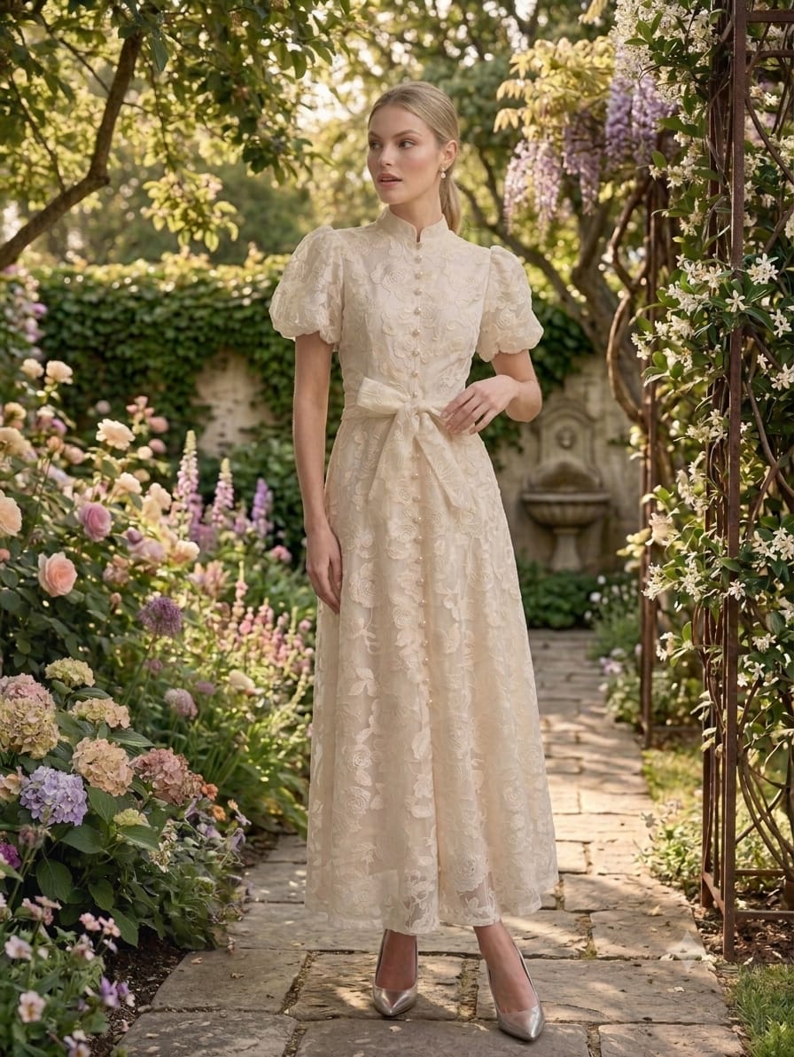 Vestido beige flores grabadas