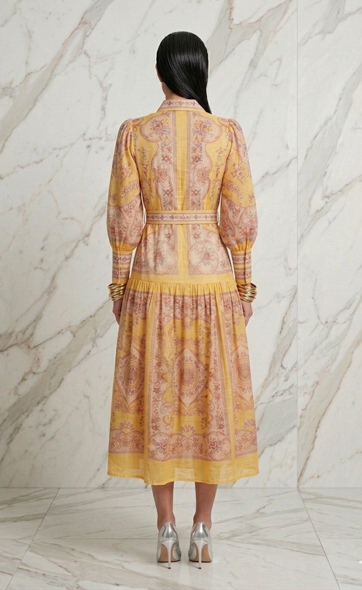 Vestido amarillo estampado midi