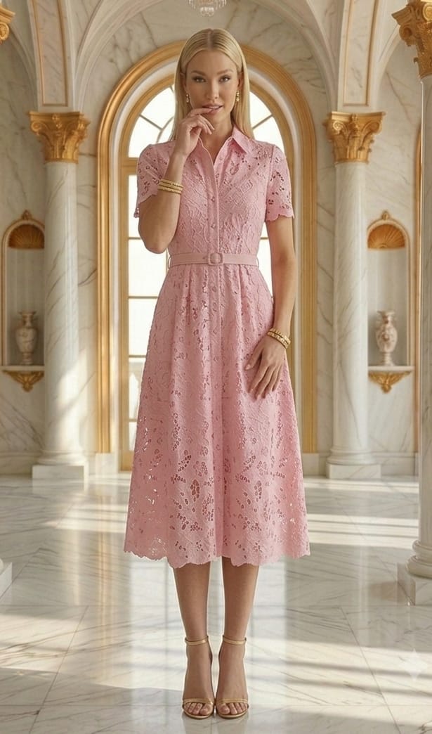 Vestido gipiur midi, manga corta, cinturón rosa, azul claro y crema