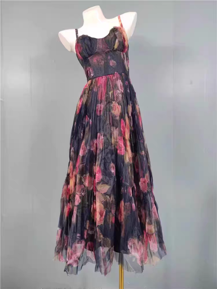 Vestido cocktail tirantes plisado estampado