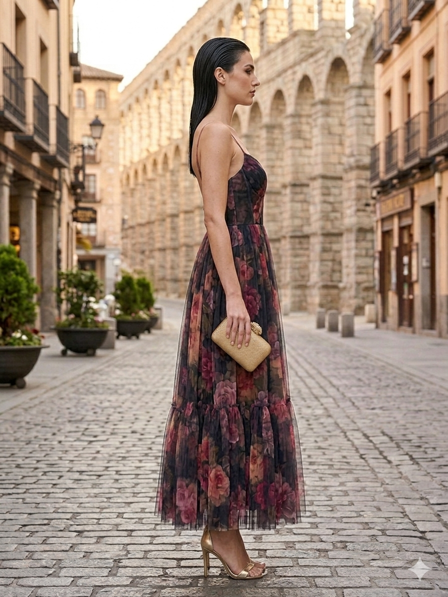 Vestido cocktail tirantes plisado estampado
