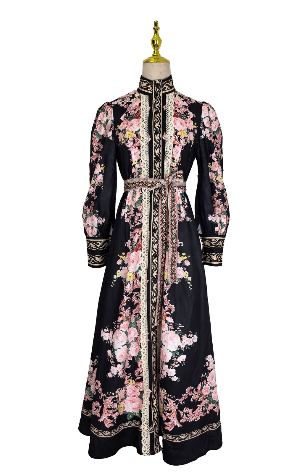 Vestido negro midi estampado flores rosas