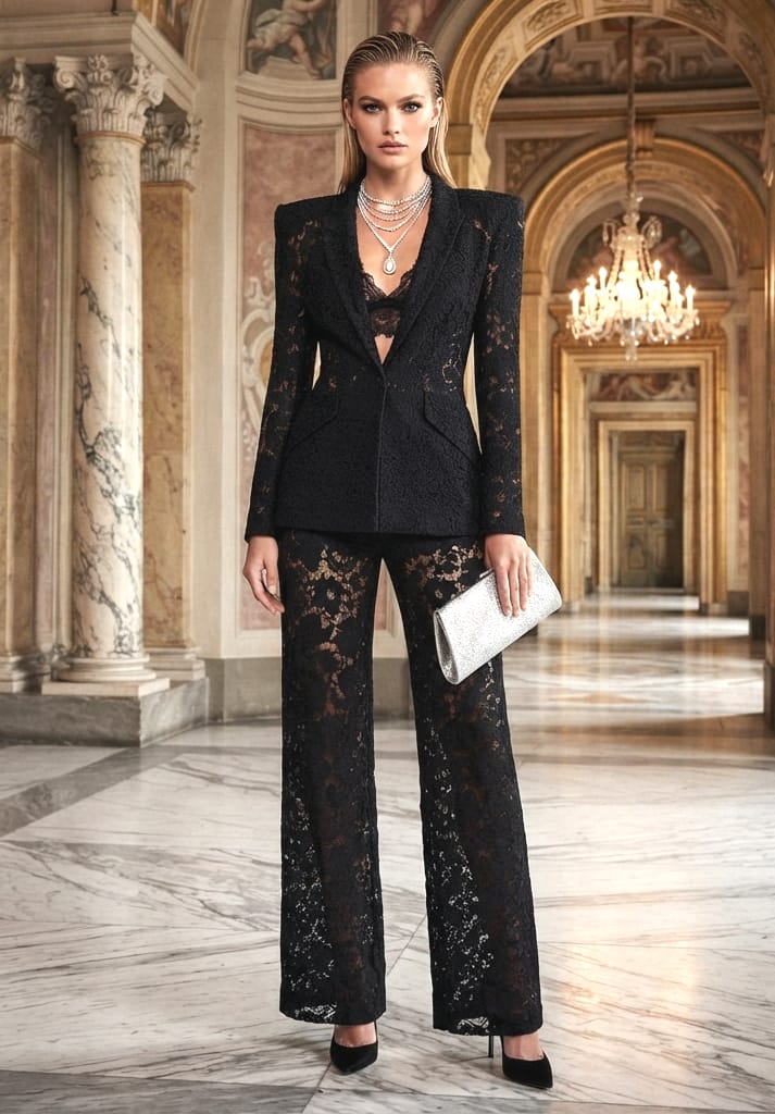 Conjunto traje sastre encaje negro