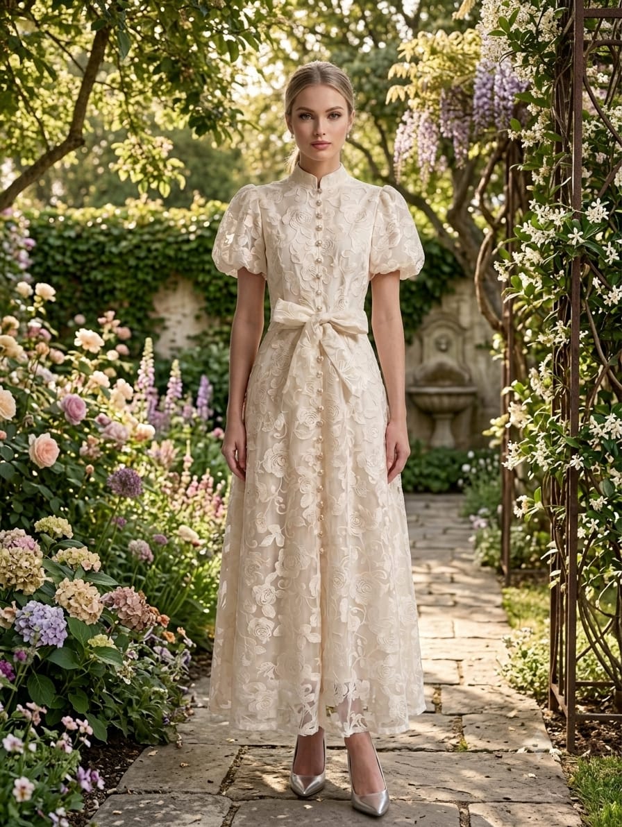 Vestido beige flores grabadas