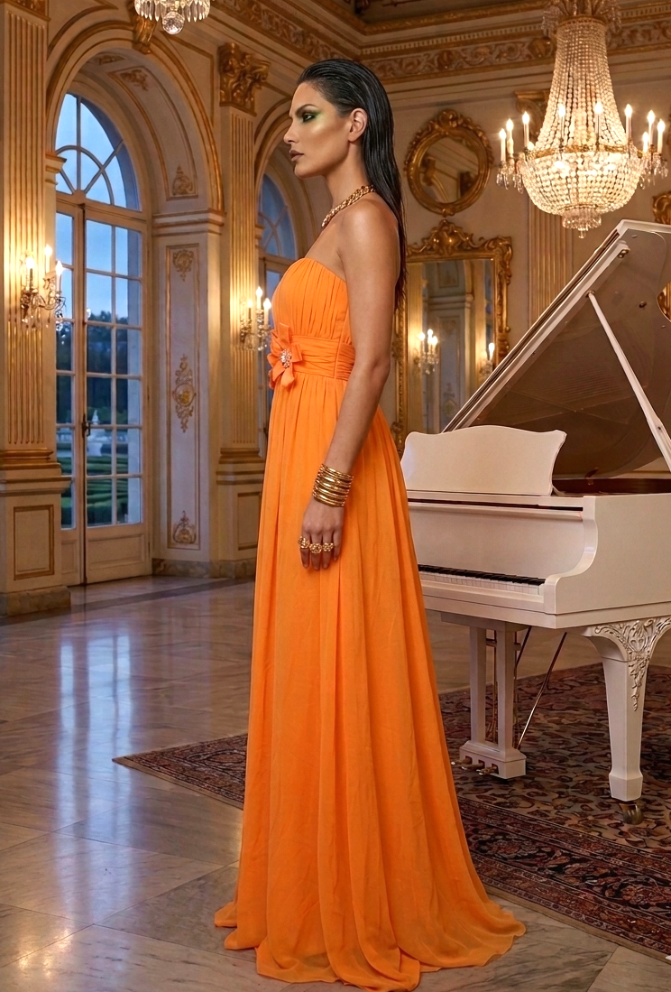 Vestido mandarina largo, straples