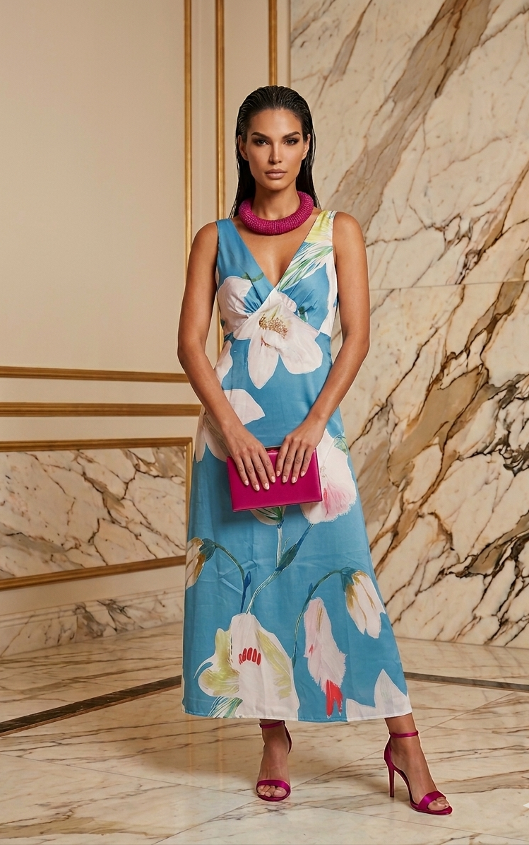 Vestido midi turquesa floral