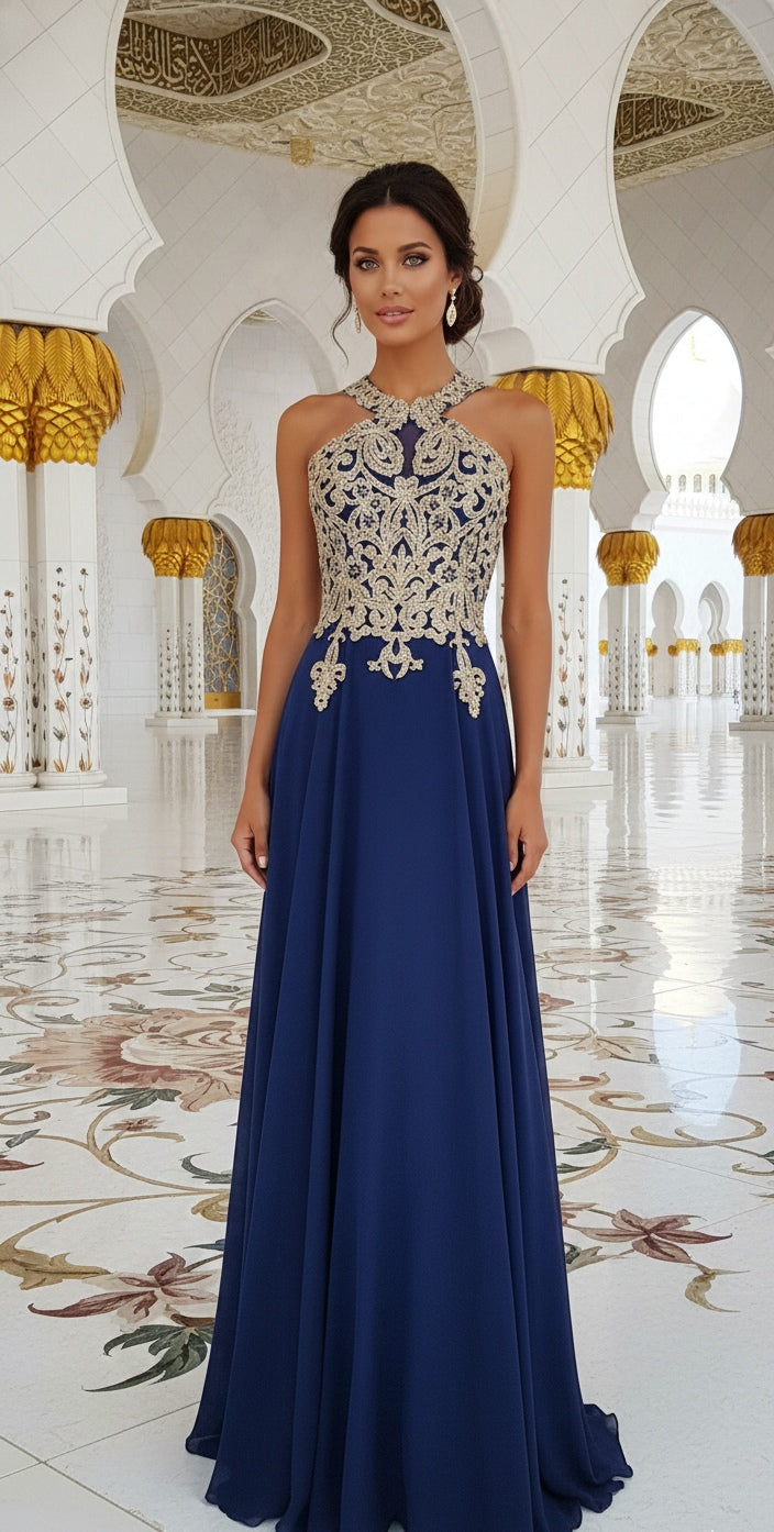 Vestido luxury azul marino con pedreria