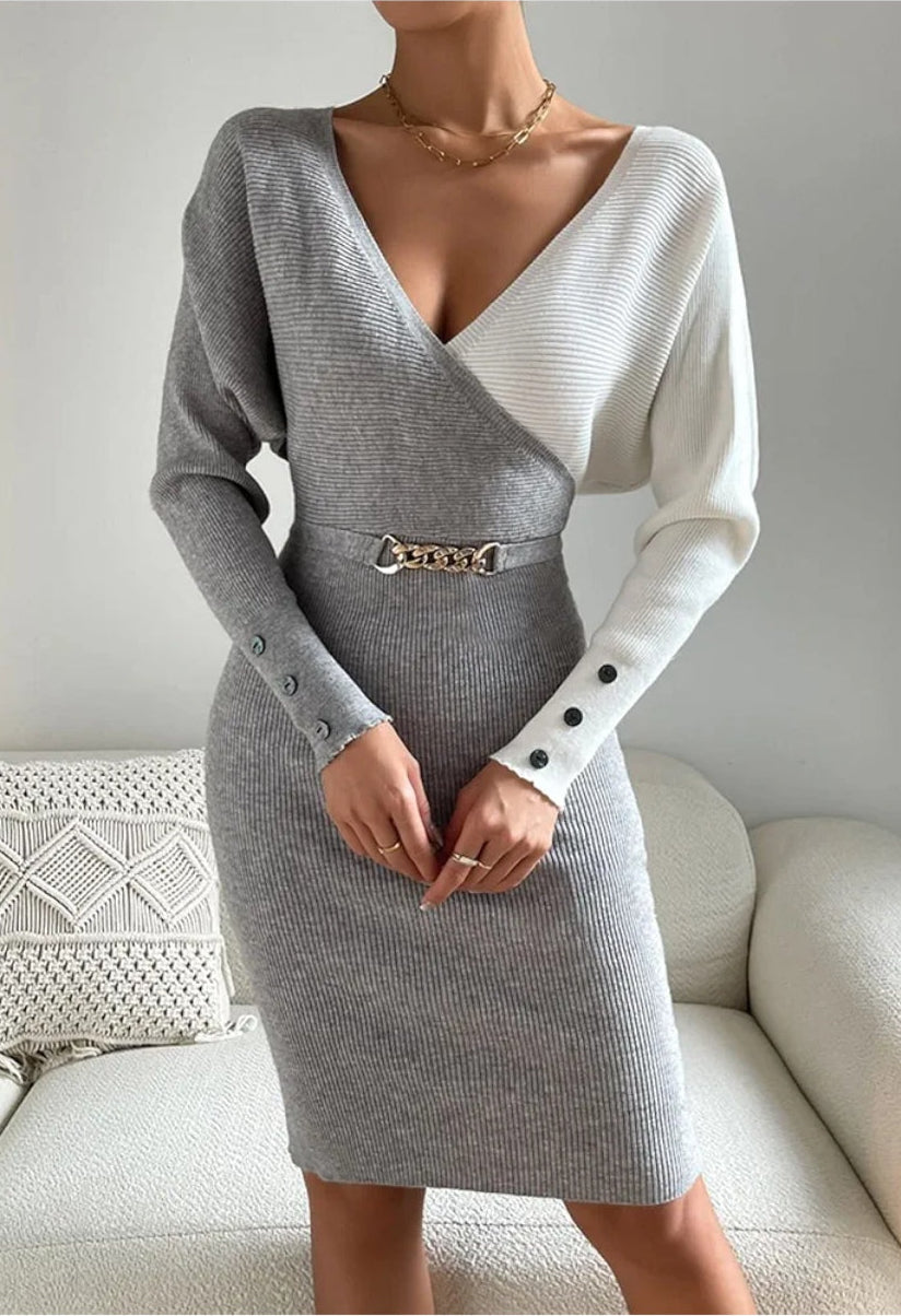 Vestido tejido gris con blanco