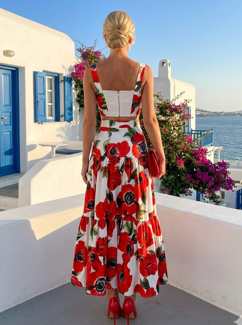 Croc top y falda blanco flores rojas