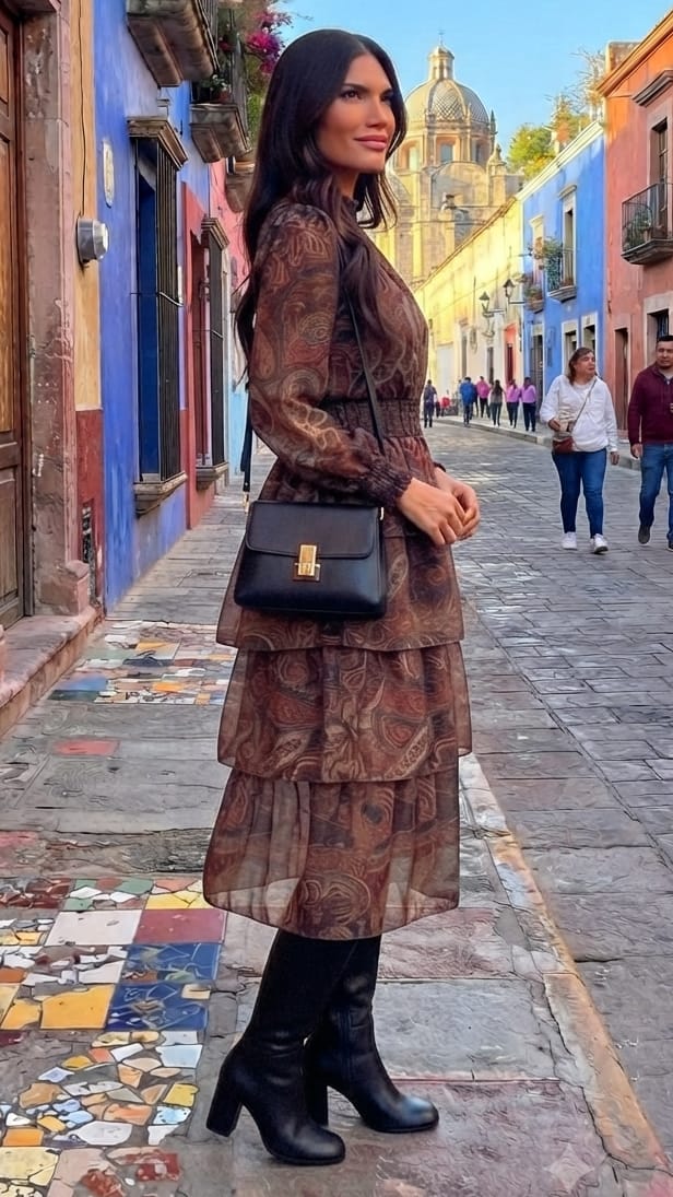 Vestido café estampado midi