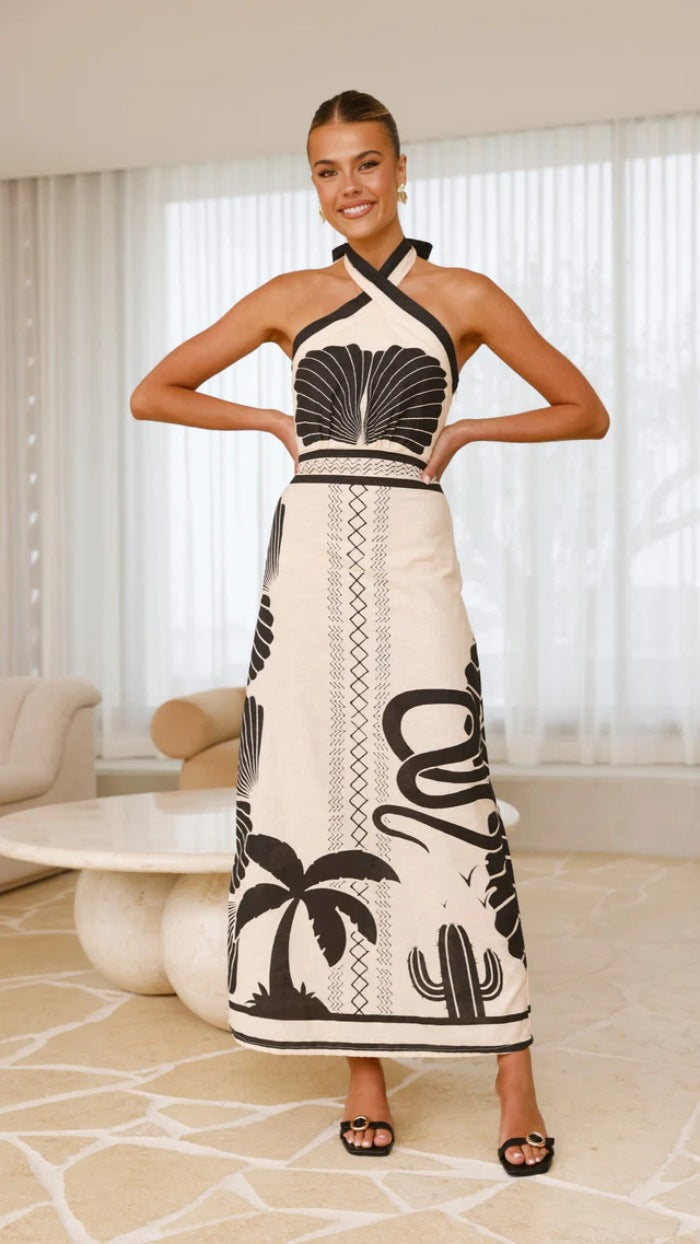 Vestido halter beige negro midi