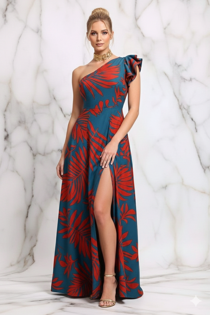 Vestido 1 hombro  plumbago flor naranja