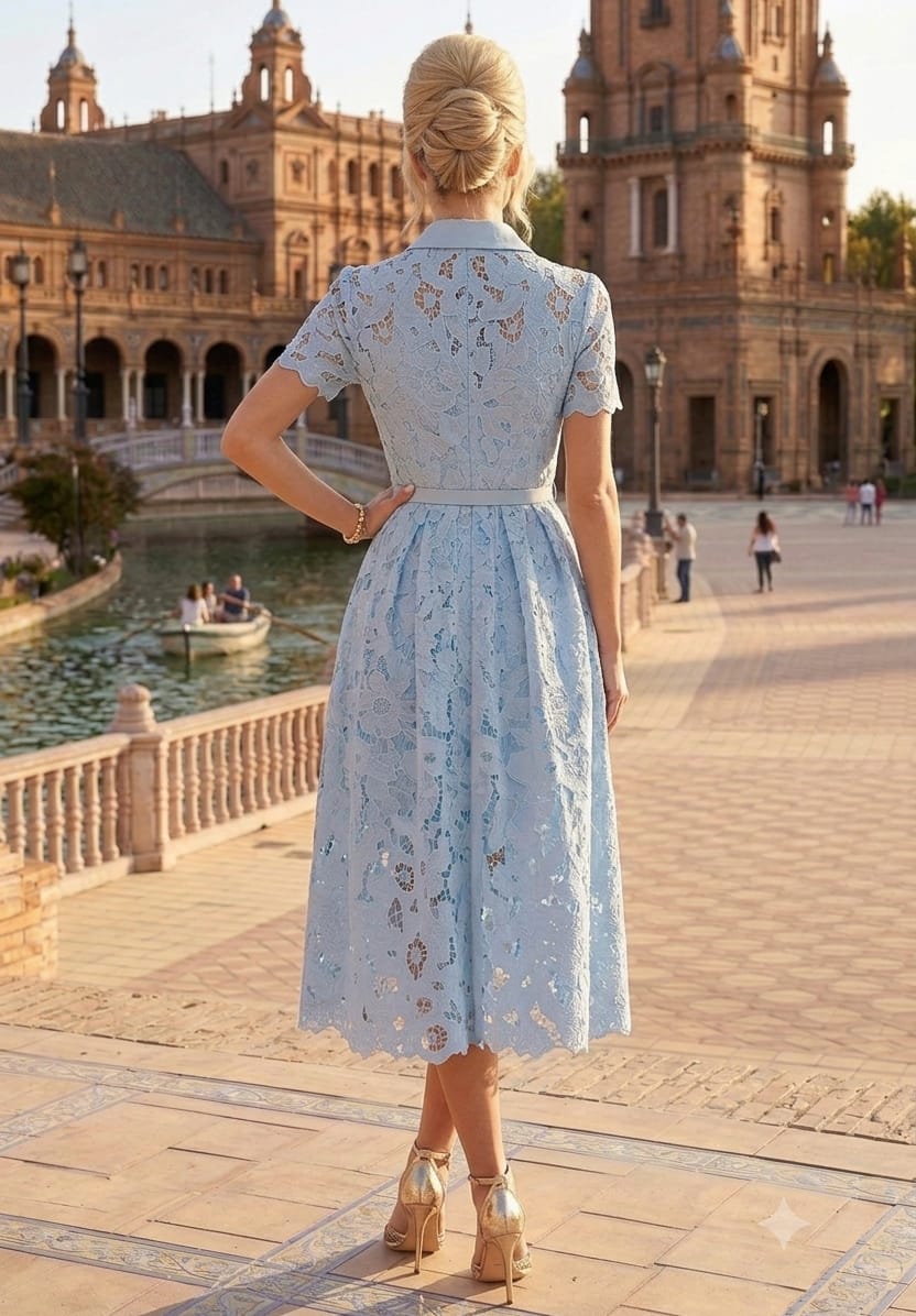 Vestido gipiur midi, manga corta, cinturón rosa, azul claro y crema