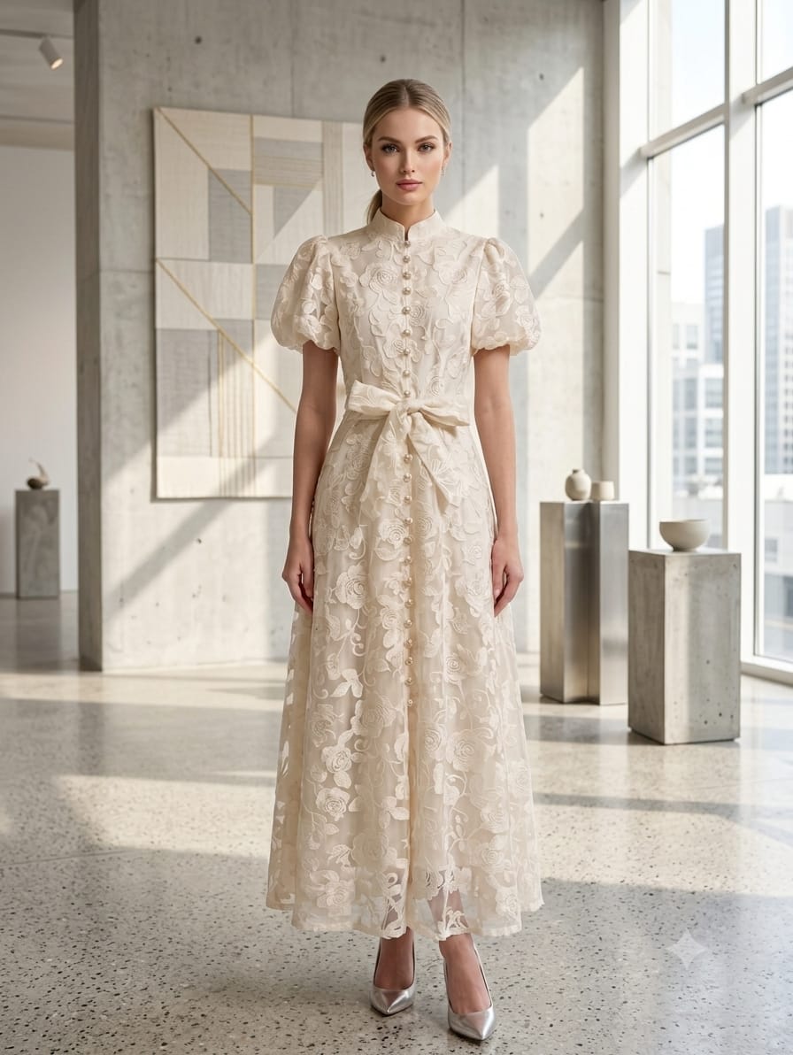 Vestido beige flores grabadas