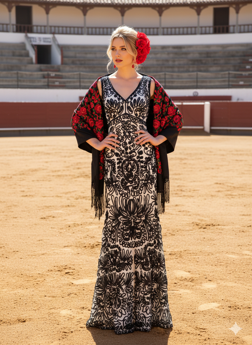 Vestido español blanco con negro