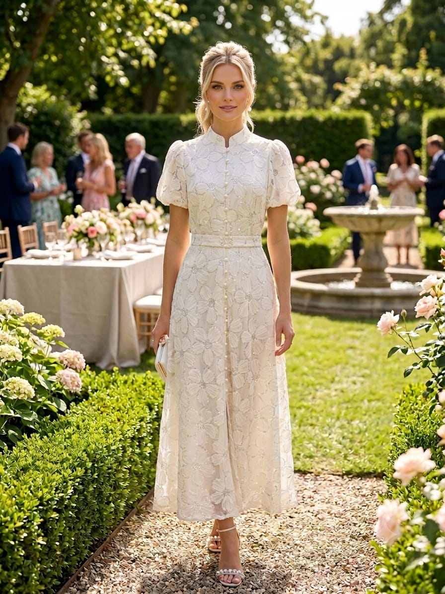 Vestido beige flores grabadas