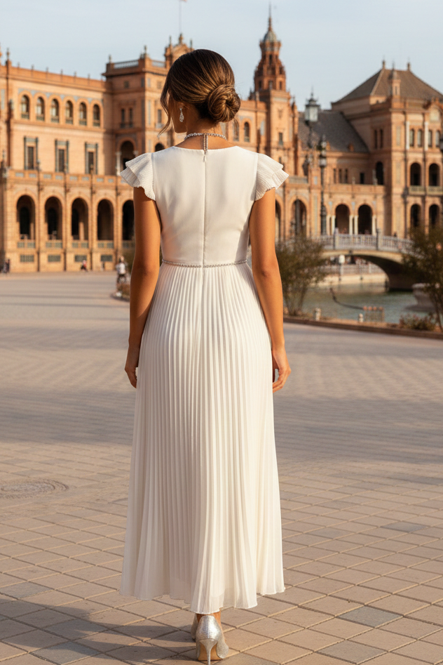 Vestido midi plisado hueso