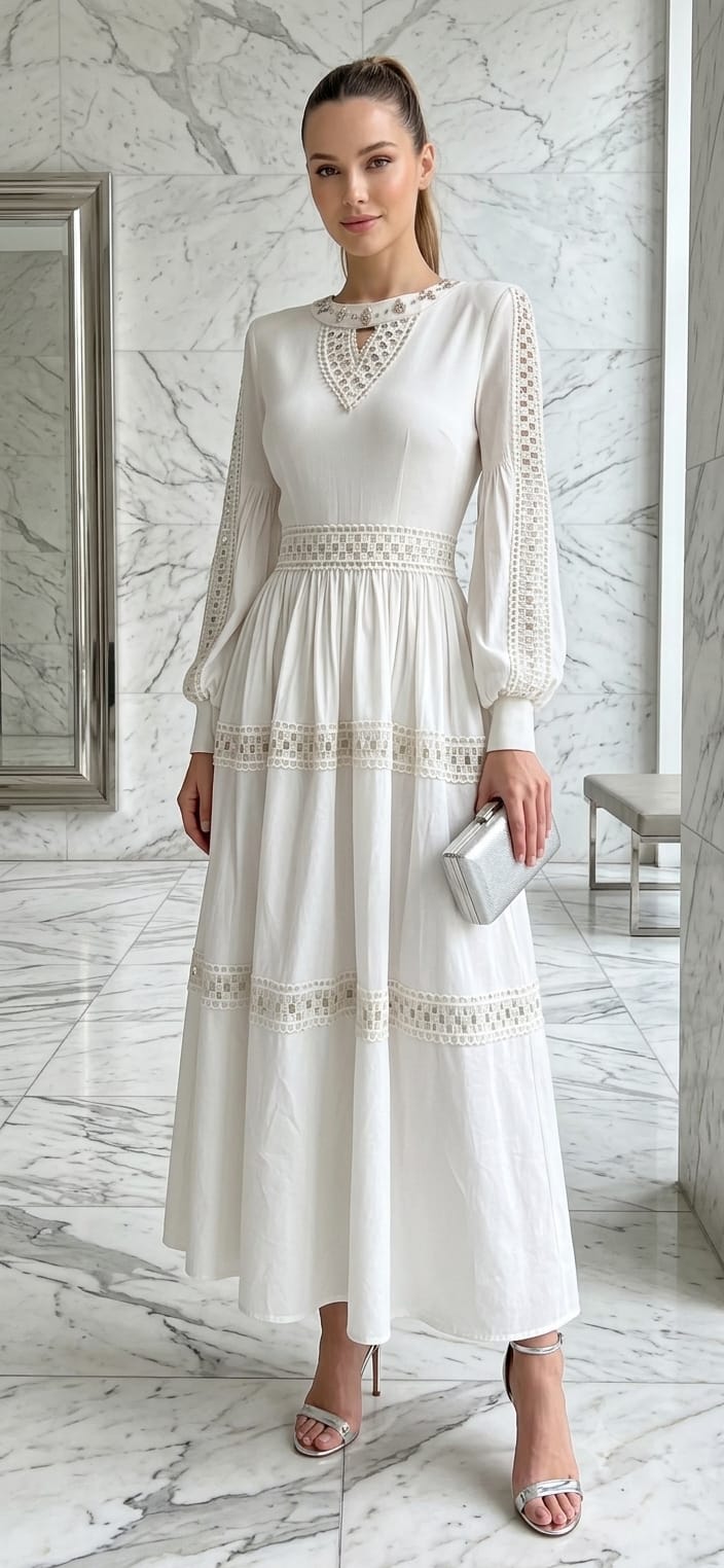 Vestido blanco midi manga larga