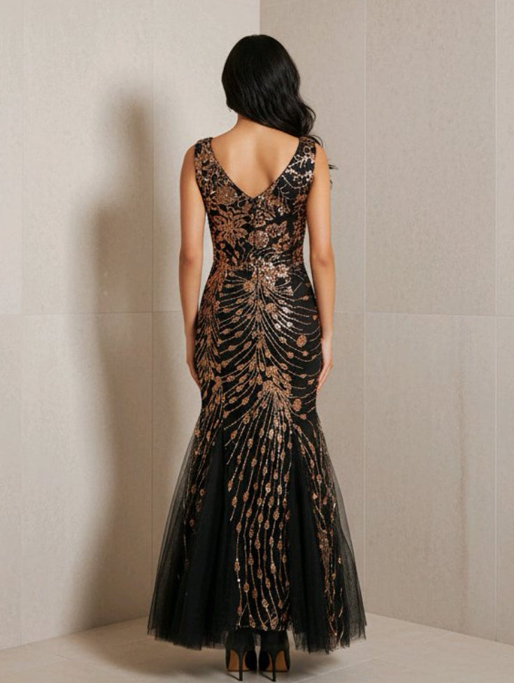Vestido de sirena de malla con lentejuelas de vid floral en bronce